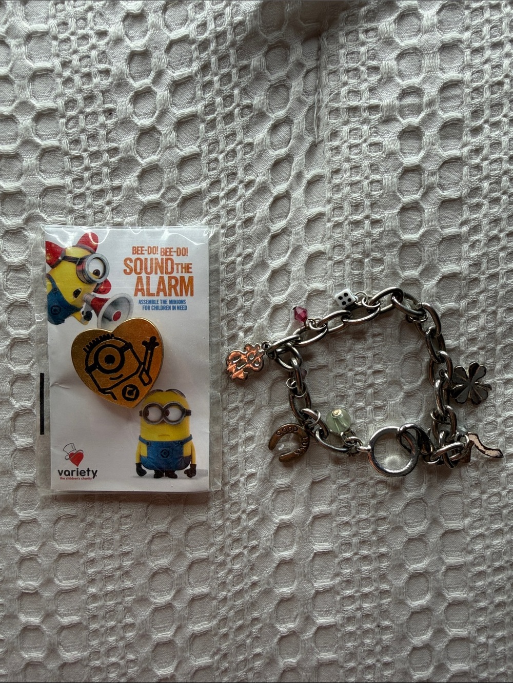 Variety Minions Heart Pin and Silver Charm Bracelet Set - Yellow & Silver